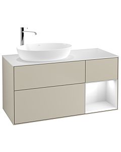 Villeroy und Boch Finion G931GFHH 120cm, plaque de recouvrement blanc mat, emotion, étagères laqué blanc brillant, Sand Matt Lacquer