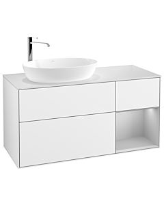 Villeroy und Boch Finion Villeroy und Boch G931GJGF 120cm, plaque de recouvrement blanc mat, Emotion, étagères laqué gris clair mat, laqué blanc brillant