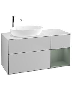 Villeroy und Boch Finion Villeroy und Boch G931GMGJ 120cm, plaque de recouvrement blanc mat, Emotion, étagères laqué olive mat, gris clair mat