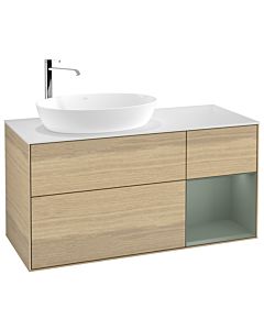 Villeroy und Boch Finion Waschtischunterschrank G931GMPC 120cm, Abdeckplatte white matt, Emotion, Regale Olive matt lacquer, Oak Veneer
