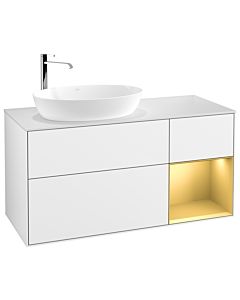 Villeroy und Boch Finion Villeroy und Boch G931HFGF 120cm, plaque de recouvrement blanc mat, Emotion, étagères laqué or mat, laqué blanc brillant