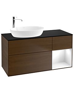 Villeroy und Boch Finion Waschtischunterschrank G932GFGN 120cm, Abdeckplatte black matt, Emotion, Regale Glossy white lacquer, Walnut veneer