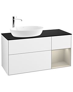 Villeroy und Boch Finion Waschtischunterschrank G932HHGF 120cm, Abdeckplatte black matt, Emotion, Regale sand matt lacquer, Glossy white lacquer