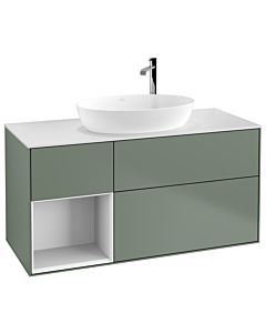 Villeroy und Boch Finion Waschtischunterschrank G941GFGM 120cm, Abdeckplatte white matt, Emotion, Regale Glossy white lacquer, Olive Matt Lacquer