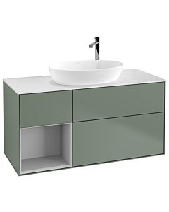 Villeroy und Boch Finion G941GJGM 120cm, plaque de recouvrement blanc mat, Emotion, étagères laqué gris clair mat, Olive Matt Lacquer