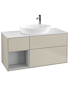 Villeroy und Boch Finion G941GJHH 120cm, plaque de recouvrement blanc mat, Emotion, étagères laqué gris clair mat, Sand Matt Lacquer