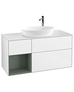 Villeroy und Boch Finion Waschtischunterschrank G941GMGF 120cm, Abdeckplatte white matt, Emotion, Regale Olive matt lacquer, Glossy white lacquer