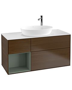 Villeroy und Boch Finion Villeroy und Boch G941GMGN 120cm, plaque de recouvrement blanc mat, Emotion, étagères laqué olive mat, placage noyer