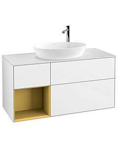 Villeroy und Boch Finion Villeroy und Boch G941HFGF 120cm, plaque de recouvrement blanc mat, Emotion, étagères laqué or mat, laqué blanc brillant