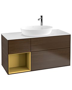 Villeroy und Boch Finion Waschtischunterschrank G941HFGN 120cm, Abdeckplatte white matt, Emotion, Regale Gold matt lacquer, Walnut veneer