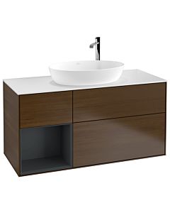 Villeroy und Boch Finion Waschtischunterschrank G941HGGN 120cm, Abdeckplatte white matt, Emotion, Regale Midnight matt lacquer, Walnut veneer