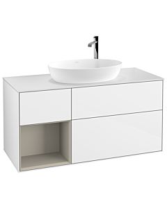 Villeroy und Boch Finion Waschtischunterschrank G941HHGF 120cm, Abdeckplatte white matt, Emotion, Regale sand matt lacquer, Glossy white lacquer