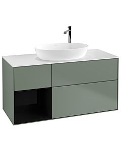 Villeroy und Boch Finion Waschtischunterschrank G941PHGM 120cm, Abdeckplatte white matt, Emotion, Regale Glossy black lacquer, Olive Matt Lacquer