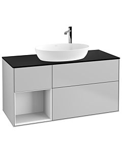 Villeroy und Boch Finion Waschtischunterschrank G942GFGJ 120cm, Abdeckplatte black matt, Emotion, Regale Glossy white lacquer, Light grey matt