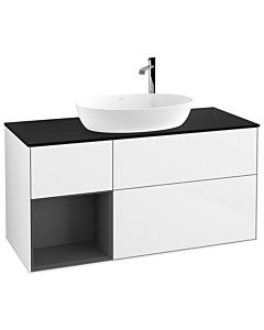 Villeroy und Boch Finion Waschtischunterschrank G942GKGF 120cm, Abdeckplatte black matt, Emotion, Regale Anthracite matt lacquer, Glossy white lacquer