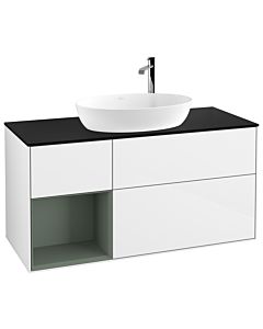 Villeroy und Boch Finion Waschtischunterschrank G942GMGF 120cm, Abdeckplatte black matt, Emotion, Regale Olive matt lacquer, Glossy white lacquer