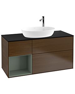 Villeroy und Boch Finion Waschtischunterschrank G942GMGN 120cm, Abdeckplatte black matt, Emotion, Regale Olive matt lacquer, Walnut veneer