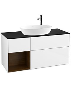Villeroy und Boch Finion G942GNGF 120cm, plaque de recouvrement noir mat, Emotion, étagères Walnut Veneer , laqué blanc brillant