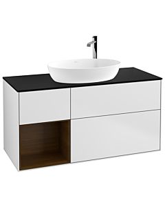 Villeroy und Boch Finion Waschtischunterschrank G942GNMT 120cm, Abdeckplatte black matt, Emotion, Regale Walnut Veneer, White matt lacquer