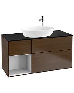 Villeroy und Boch Finion Waschtischunterschrank G942MTGN 120cm, Abdeckplatte black matt, Emotion, Regale White matt lacquer, Walnut veneer