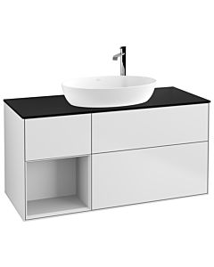 Villeroy und Boch Finion Villeroy und Boch G942MTMT 120cm, plaque de recouvrement noir mat, Emotion, étagères laqué blanc mat, laqué blanc mat