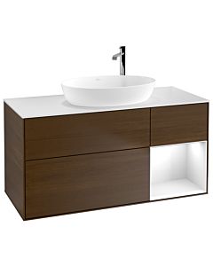 Villeroy und Boch Finion Waschtischunterschrank G951GFGN 120cm, Abdeckplatte white matt, Emotion, Regale Glossy white lacquer, Walnut veneer