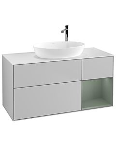 Villeroy und Boch Finion Waschtischunterschrank G951GMGJ 120cm, Abdeckplatte white matt, Emotion, Regale Olive matt lacquer, Light grey matt