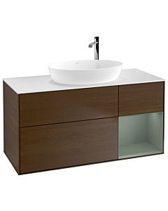 Villeroy und Boch Finion Waschtischunterschrank G951GMGN 120cm, Abdeckplatte white matt, Emotion, Regale Olive matt lacquer, Walnut veneer