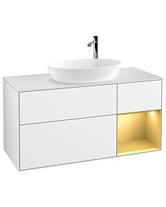 Villeroy und Boch Finion Villeroy und Boch G951HFGF 120cm, plaque de recouvrement blanc mat, Emotion, étagères laqué or mat, laqué blanc brillant