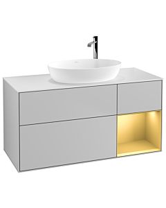 Villeroy und Boch Finion Villeroy und Boch G951HFGJ 120cm, plaque de recouvrement blanc mat, Emotion, étagères laqué or mat, gris clair mat