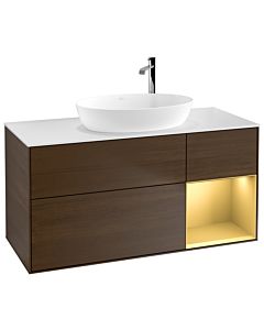 Villeroy und Boch Finion Villeroy und Boch G951HFGN 120cm, plaque de recouvrement blanc mat, Emotion, étagères laqué or mat, placage noyer