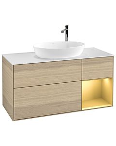 Villeroy und Boch Finion Waschtischunterschrank G951HFPC 120cm, Abdeckplatte white matt, Emotion, Regale Gold matt lacquer, Oak Veneer