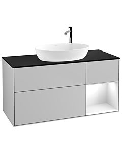 Villeroy und Boch Finion Waschtischunterschrank G952GFGJ 120cm, Abdeckplatte black matt, Emotion, Regale Glossy white lacquer, Light grey matt