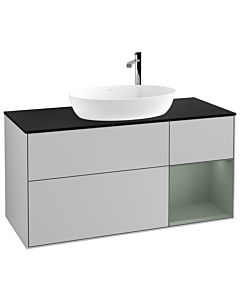 Villeroy und Boch Finion Villeroy und Boch G952GMGJ 120cm, plaque de finition noir mat, Emotion, étagères laqué olive mat, gris clair mat