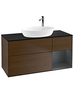 Villeroy und Boch Finion Waschtischunterschrank G952HGGN 120cm, Abdeckplatte black matt, Emotion, Regale Midnight matt lacquer, Walnut veneer
