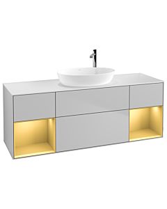 Villeroy und Boch Finion Villeroy und Boch G981HFGJ 160cm, plaque de recouvrement blanc mat, Emotion, étagères laqué or mat, gris clair mat