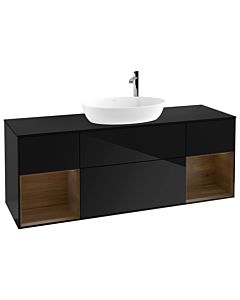 Villeroy und Boch Finion Waschtischunterschrank G982GNPH 160cm, Abdeckplatte black matt, Emotion, Regale Walnut Veneer, Glossy Black Lacquer