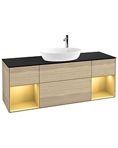 Villeroy und Boch Finion Waschtischunterschrank G982HFPC 160cm, Abdeckplatte black matt, Emotion, Regale Gold matt lacquer, Oak Veneer