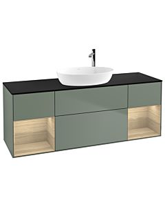 Villeroy und Boch Finion Waschtischunterschrank G982PCGM 160cm, Abdeckplatte black matt, Emotion, Regale Oak Veneer, Olive Matt Lacquer