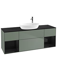 Villeroy und Boch Finion Waschtischunterschrank G982PHGM 160cm, Abdeckplatte black matt, Emotion, Regale Glossy black lacquer, Olive Matt Lacquer