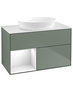 Villeroy und Boch Finion Villeroy und Boch GA11GFGM 100cm, plaque de recouvrement blanc mat, Emotion, étagères Laque blanche brillante, Olive Matt Lacquer