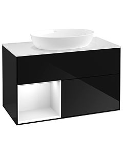 Villeroy und Boch Finion Waschtischunterschrank GA11GFPH 100cm, Abdeckplatte white matt, Emotion, Regale Glossy white lacquer, Glossy Black Lacquer