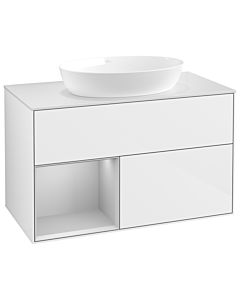 Villeroy und Boch Finion Waschtischunterschrank GA11GJGF 100cm, Abdeckplatte white matt, Emotion, Regale Light grey matt lacquer, Glossy white lacquer