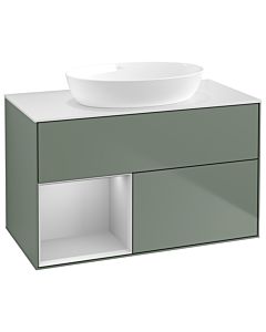 Villeroy und Boch Finion Waschtischunterschrank GA11GJGM 100cm, Abdeckplatte white matt, Emotion, Regale Light grey matt lacquer, Olive Matt Lacquer