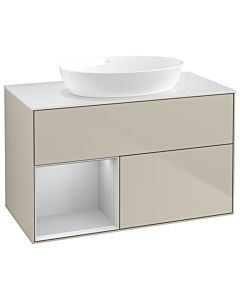 Villeroy und Boch Finion Waschtischunterschrank GA11GJHH 100cm, Abdeckplatte white matt, Emotion, Regale Light grey matt lacquer, Sand Matt Lacquer