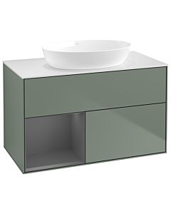 Villeroy und Boch Finion GA11GKGM 100cm, plaque de recouvrement blanc mat, Emotion, étagères laqué mat anthracite, Olive Matt Lacquer