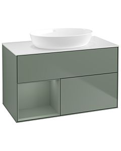 Villeroy und Boch Finion Waschtischunterschrank GA11GMGM 100cm, Abdeckplatte white matt, Emotion, Regale Olive matt lacquer, Olive Matt Lacquer