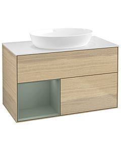 Villeroy und Boch Finion Waschtischunterschrank GA11GMPC 100cm, Abdeckplatte white matt, Emotion, Regale Olive matt lacquer, Oak Veneer