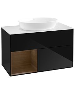 Villeroy und Boch Finion Waschtischunterschrank GA11GNPH 100cm, Abdeckplatte white matt, Emotion, Regale Walnut Veneer, Glossy Black Lacquer