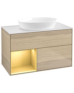 Villeroy und Boch Finion Villeroy und Boch GA11HFPC 100cm, plaque de recouvrement blanc mat, Emotion, étagères laqué mat or, Oak Veneer